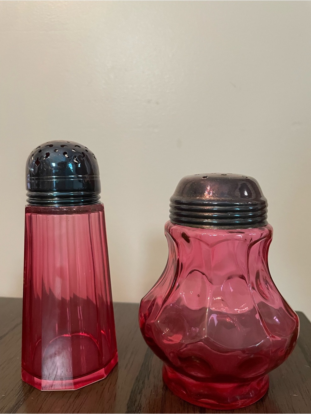 Vintage Pink Glass Salt and Pepper Shakers with Metal Tops